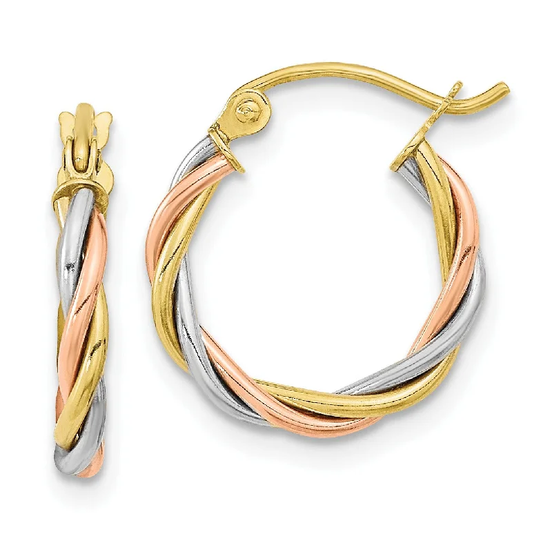 Seasonal Jewelry Sale – Upgrade Your Style Today 10KT Gold Tri-Color 2.5X15MM Twist Hoop Earrings