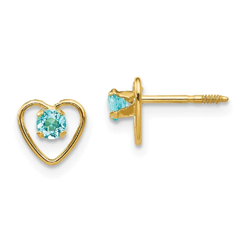 Get The Sparkle You Love At Prices You Adore Premium Style 14KT Yellow Gold 3MM Round Blue Zircon 6MM Heart Childrens Birthstone Stud Earrings