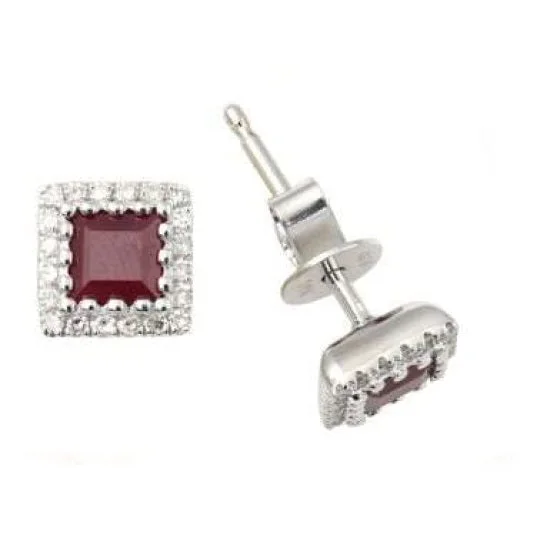 Discounted Jewelry For A Glamorous Look Gift Ideas 3.6MM Square Ruby and Diamond Halo Stud Earrings in 14KT White Gold