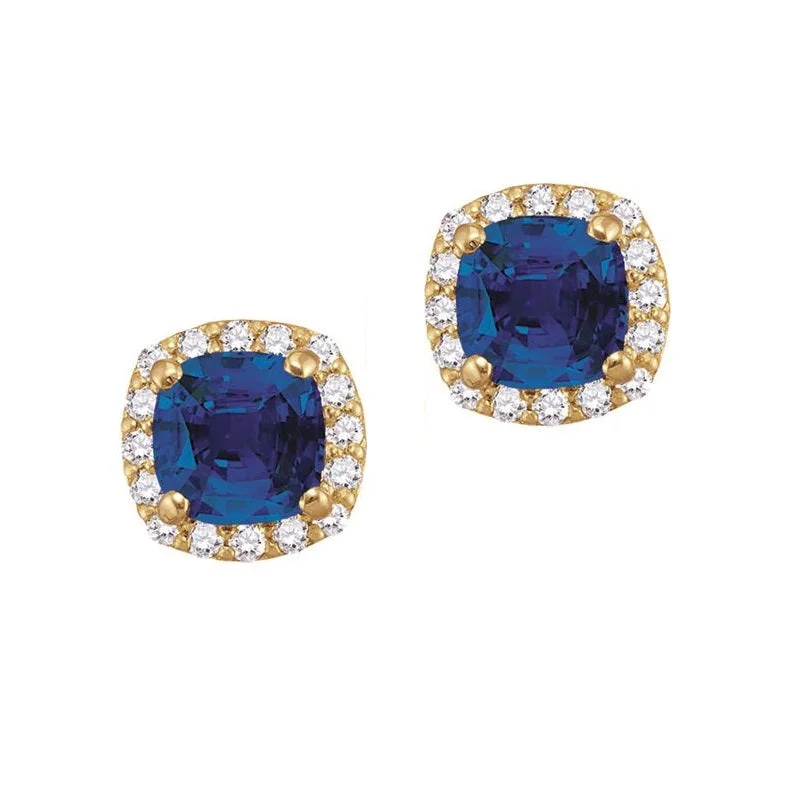 Timeless Elegance At Unbelievable Discounts Get The Latest Trends 5MM Cushion Blue Sapphire and White Sapphire Birthstone Halo Stud Earrings in 10KT Yellow Gold