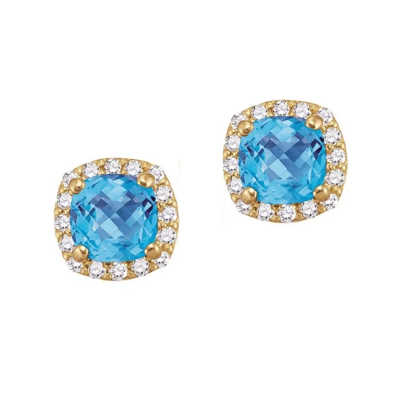 Get The Jewelry You Love At A Price You Love Fresh Styles, Fresh Deals 5MM Cushion Blue Topaz and White Sapphire Birthstone Halo Stud Earrings in 10KT Yellow Gold