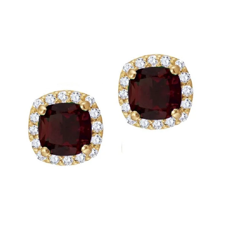 Premium Jewelry Now Available At Special Discounts Inspired By You, Designed For You 5MM Cushion Garnet and White Sapphire Birthstone Halo Stud Earrings in 10KT Yellow Gold