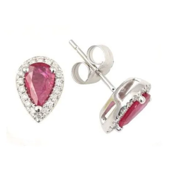 Limited-Stock Jewelry Sale – Once It's Gone, It's Gone Discover Now 5X3MM Pear Ruby and Diamond Halo Stud Earrings in 14KT White Gold