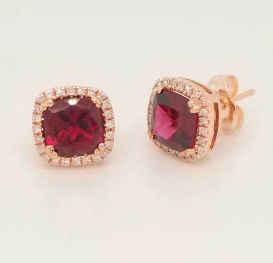 Affordable Luxury Jewelry For Every Occasion Limited Edition 6MM Cushion Rhodolite Garnet and Diamond Halo Stud Earrings in 14KT Rose Gold