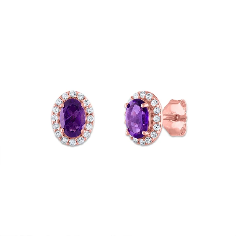 Bohemian-Inspired Jewelry For Free-Spirited Fashion Bold Fashion Sales 6X4MM Oval Amethyst and Sapphire Birthstone Halo Stud Earrings in 10KT Rose Gold