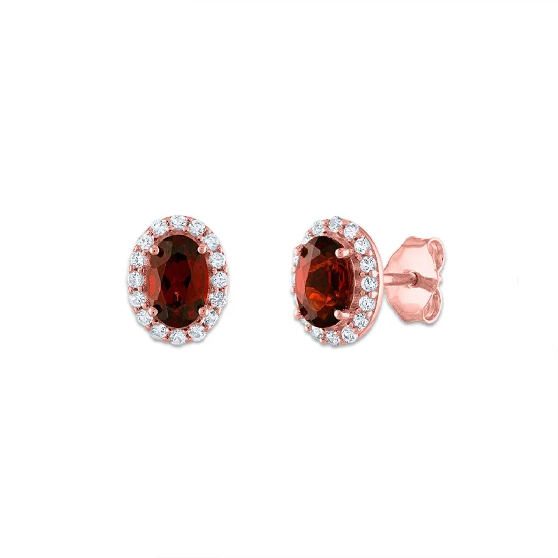 Modern Statement Jewelry For Bold Styling Timeless Elegance Sale 6X4MM Oval Garnet and Sapphire Birthstone Halo Stud Earrings in 10KT Rose Gold