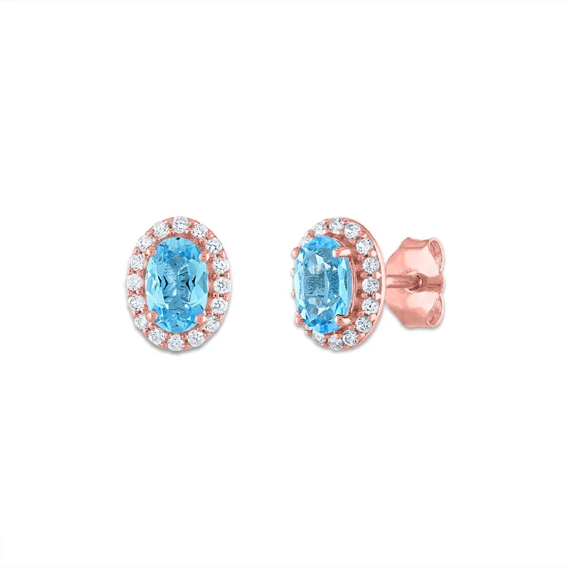 Trendy Minimalist Jewelry For Everyday Wear Fashion-Forward Offers 6X4MM Oval Swiss Blue Topaz and Sapphire Birthstone Halo Stud Earrings in 10KT Rose Gold