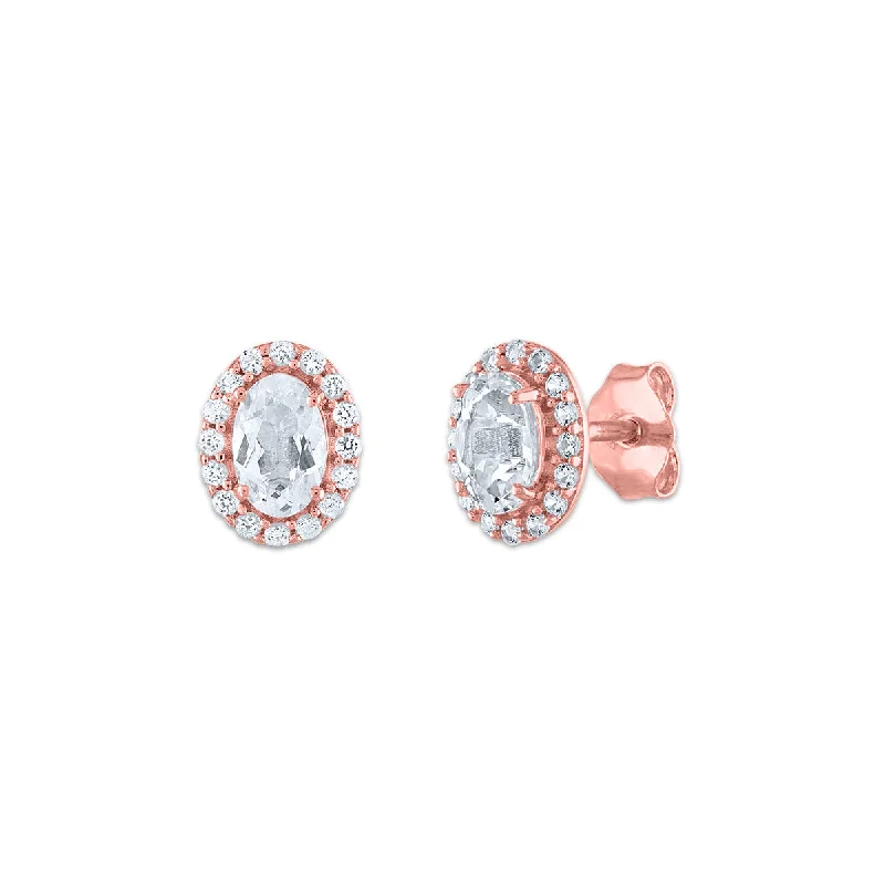 Handmade Pearl Jewelry For Timeless Elegance Statement Fashion Offers 6X4MM Oval Topaz and Sapphire Birthstone Halo Stud Earrings in 10KT Rose Gold