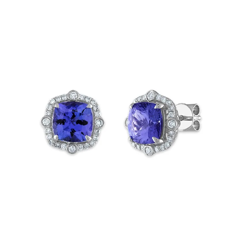 Elegant Jewelry, Exclusive Prices – Shop Now Effortless Style, Endless Impact 7MM Cushion Tanzanite and Diamond Halo Stud Earrings in 14KT White Gold