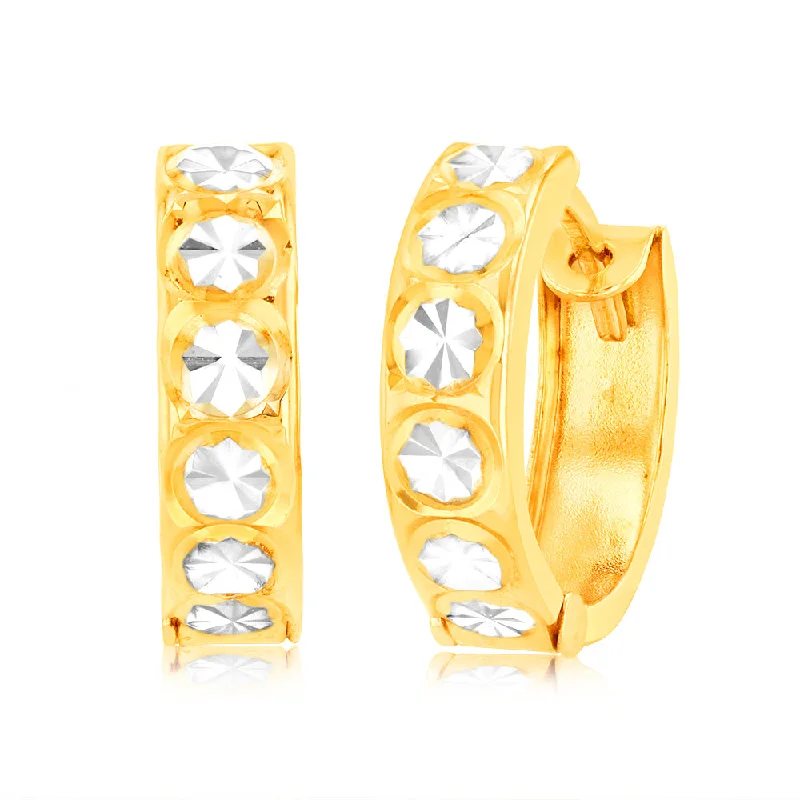 Exclusive Jewelry Markdowns – Limited-Time Offer Vintage Style Deals 9ct Yellow Gold Huggie Hoop Earrings with diamond cut feature with Rhodium