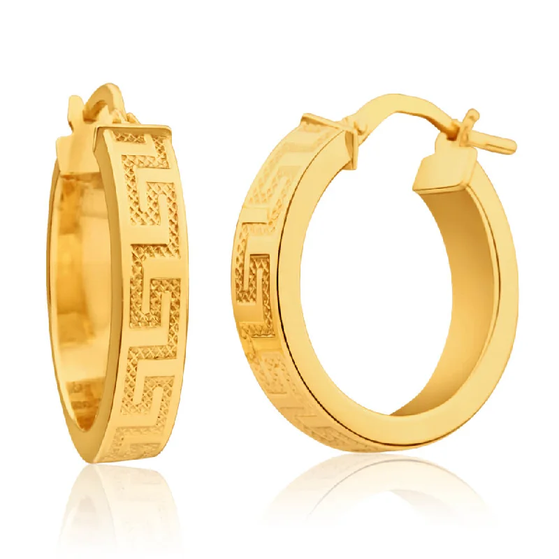 Discounted Jewelry For A Glamorous Look Fashion Sale 9ct Yellow Gold Silver Filled Greek Key 15mm Hoop Earrings