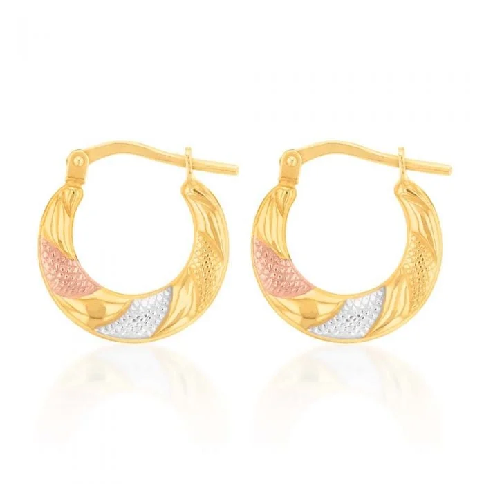 Shop Modern Jewelry Collections With Exclusive Discounts Daily Deals 9ct Yellow Gold Silver Filled Three Tone Patterned Hoop Earrings