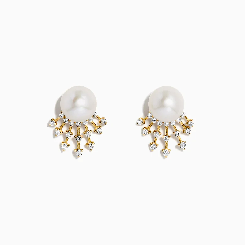 Affordable Glamour – Premium Jewelry For Less Winter Warehouse Sale 14K Gold Cultured FW Pearl & Diamond Starburst Earrings, 0.32 TCW