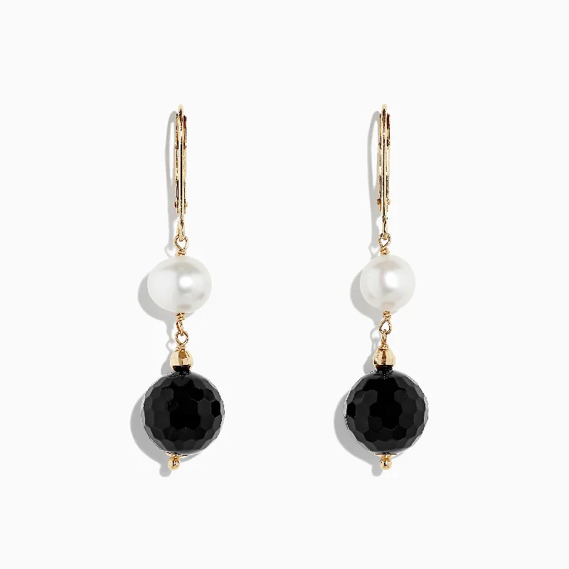 Shop High-Quality Jewelry At Jaw-Dropping Discounts Final Sale 14K Yellow Gold Onyx and Cultured Fresh Water Pearl Drop Earrings, 14.50 TCW