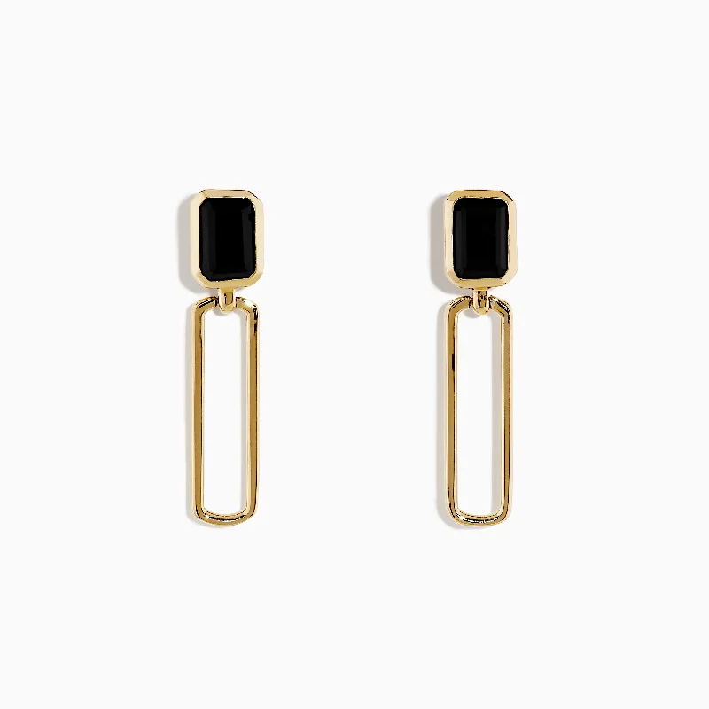 Discounted Luxury Jewelry – Shine Without The Splurge Premium Style 14K Yellow Gold Onyx Paperclip Drop Earrings