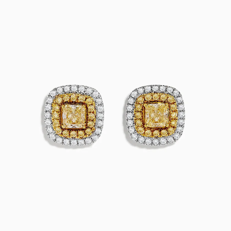 Elegant Jewelry, Affordable Luxury – Shop Now Trendy Pulse Canare 14k Two Tone Gold Cushion Halo Yellow Diamond Statement Stud Earrings 2.34 TCW