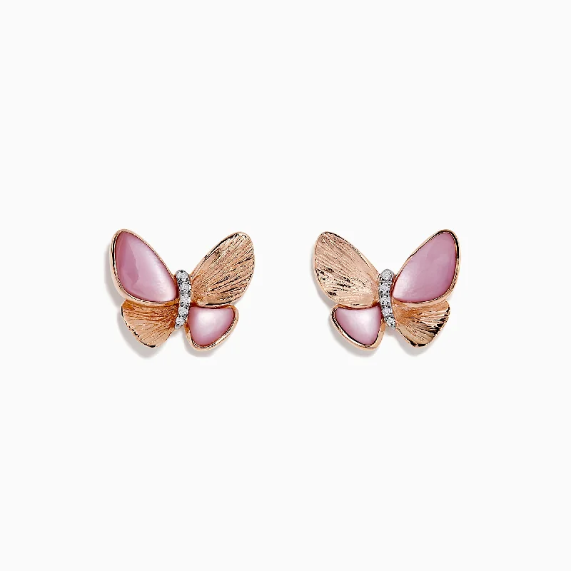 Affordable Gold-Plated Jewelry For Modern Fashion Trendy Threads Nature 14K Gold Mother of Pearl & Diamond Butterfly Earrings, 0.03 TCW