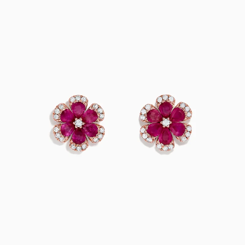 Exclusive Jewelry Discounts – Shop Now For Savings Relaxed Style Deals Nature 14K Rose Gold Ruby Flower Stud Earrings, 2.28 TCW