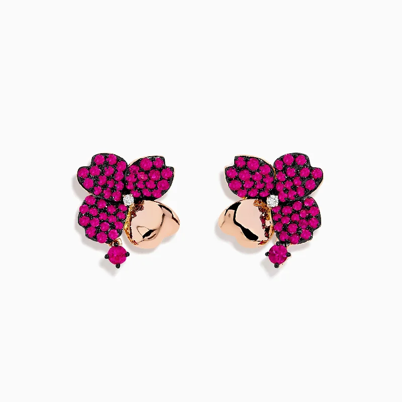 Chic, Trendy, And Affordable Jewelry Sale Cozy Comfort Style Sale Nature 14K Rose Gold Ruby and Diamond Flower Earrings