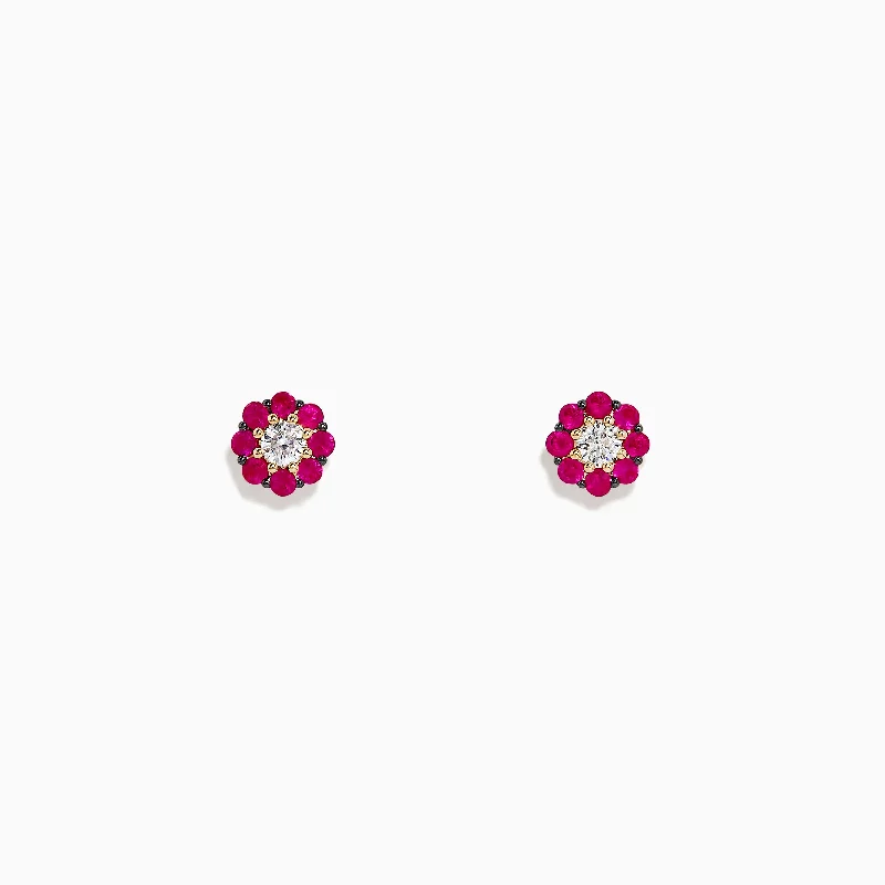 Get The Jewelry You Love At A Price You Love Mega Sales Nature 14K Yellow Gold Ruby and Diamond Flower Earrings, 0.50 TCW