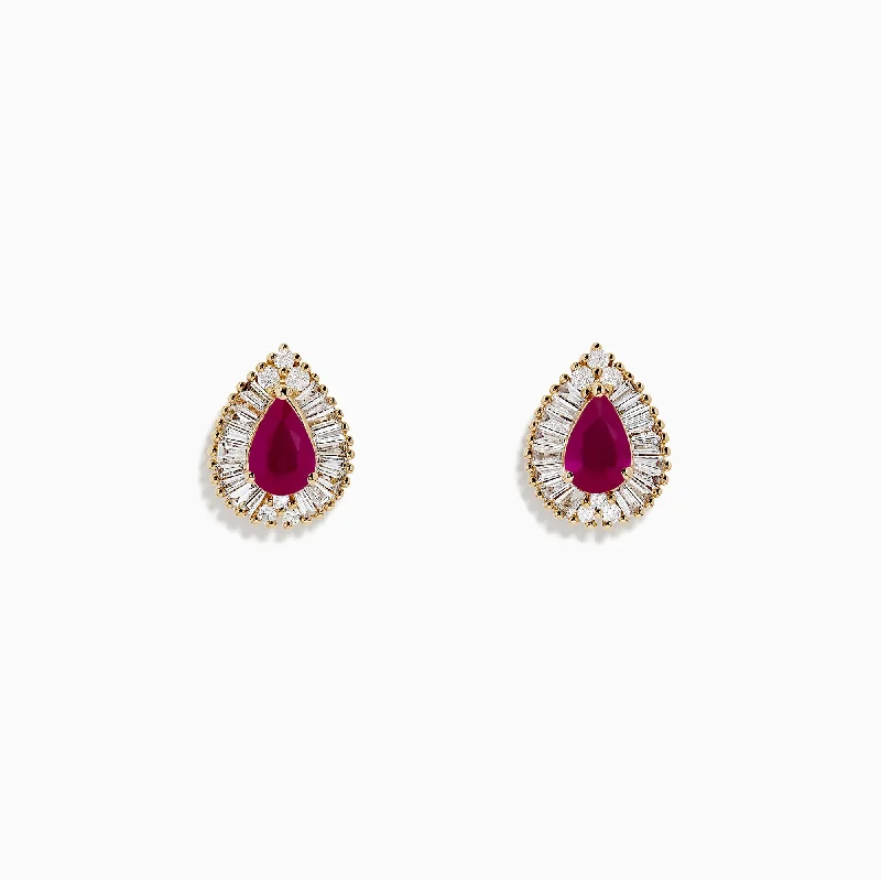 Shop Elegant Jewelry At Unbeatable Prices Classic Elegance Sales Ruby Royale 14K Yellow Gold Pear Shaped Ruby and Diamond Stud Earrings, 1.36 TCW