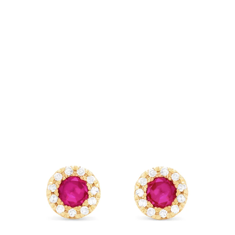 Trending Jewelry Now Available At Exclusive Prices Crazy Price Slashing Ruby Royale 14K Yellow Gold Round Diamond Halo Ruby Stud Earrings, 0.47 TCW