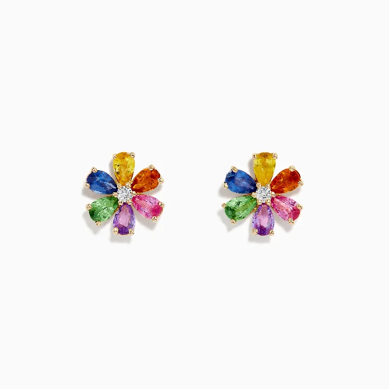 Timeless Jewelry Styles At Wallet-Friendly Prices Fashion Forward Watercolors 14K Gold Multi Sapphire and Diamond Flower Stud Earrings