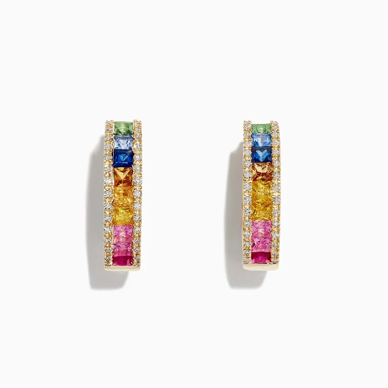 Gorgeous Jewelry, Limited-Time Savings Glamorous Fashion Offers Watercolors 14K Gold Multi Sapphire & Diamond 3/4" Hoop Earrings, 2.63 TCW