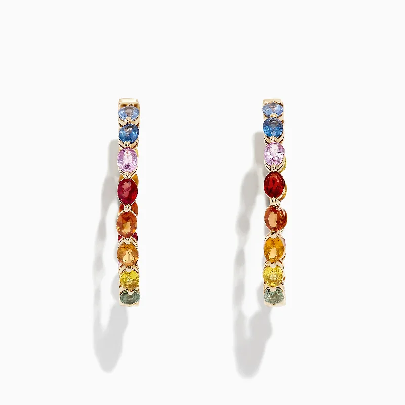 Timeless Jewelry At Special Discount Rates Affordable Luxury Fashion Watercolors 14K Yellow Gold Multi Sapphire 1" Hoop Earrings, 6.18 TCW