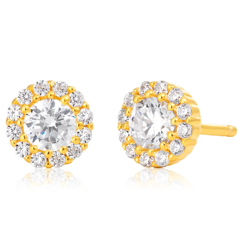 The Perfect Jewelry Piece At The Perfect Discount Stylish Savings Gold Plated Sterling Silver Cubic Zirconia Brilliant Cut Halo Fancy Stud Earrings