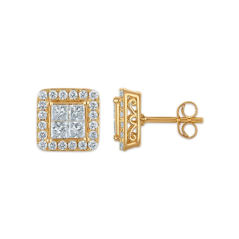 Luxury Jewelry Now At Special Promotional Rates Exclusive Deals Online Red Hot Deal 1-1/2 CTW Princess Cut Lab Grown Diamond Halo Stud Earrings in 14KT Yellow Gold