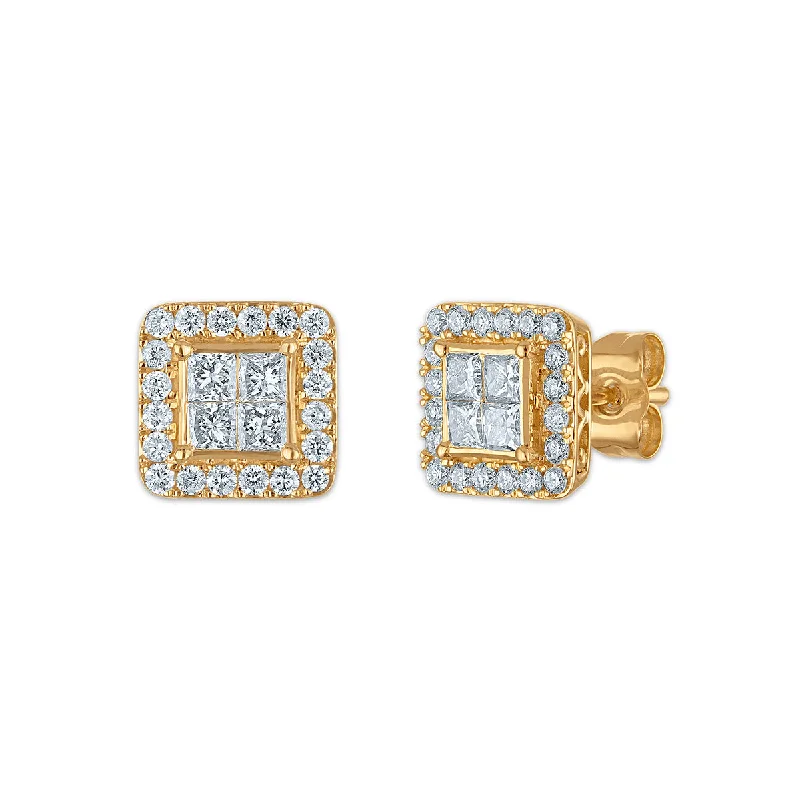 Get The Best Deals On Timeless Jewelry Pieces Top Brand Discounts Red Hot Deal 1 CTW Princess Cut Lab Grown Diamond Halo Stud Earrings in 14KT Yellow Gold