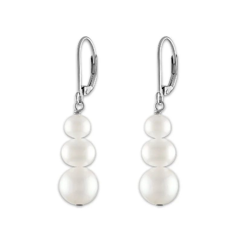 Upgrade Your Jewelry Collection For Less Hot Picks Round Pearl Drop & Dangle Three Stone 6-8MM Fresh Water Earrings in Rhodium Plated Sterling Silver