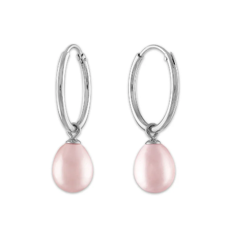 Luxury Jewelry Without The Luxury Price Tag Sustainable Fashion Extravaganza Round Pearl Hoop Drop & Dangle 6-7.5MM Pink Earrings in Rhodium Plated Sterling Silver