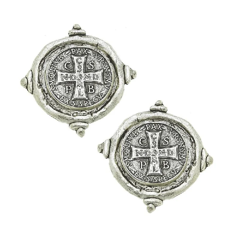 High-Quality Gemstone Jewelry For Special Occasions Saint Benedict Coin Clip Earrings Silver