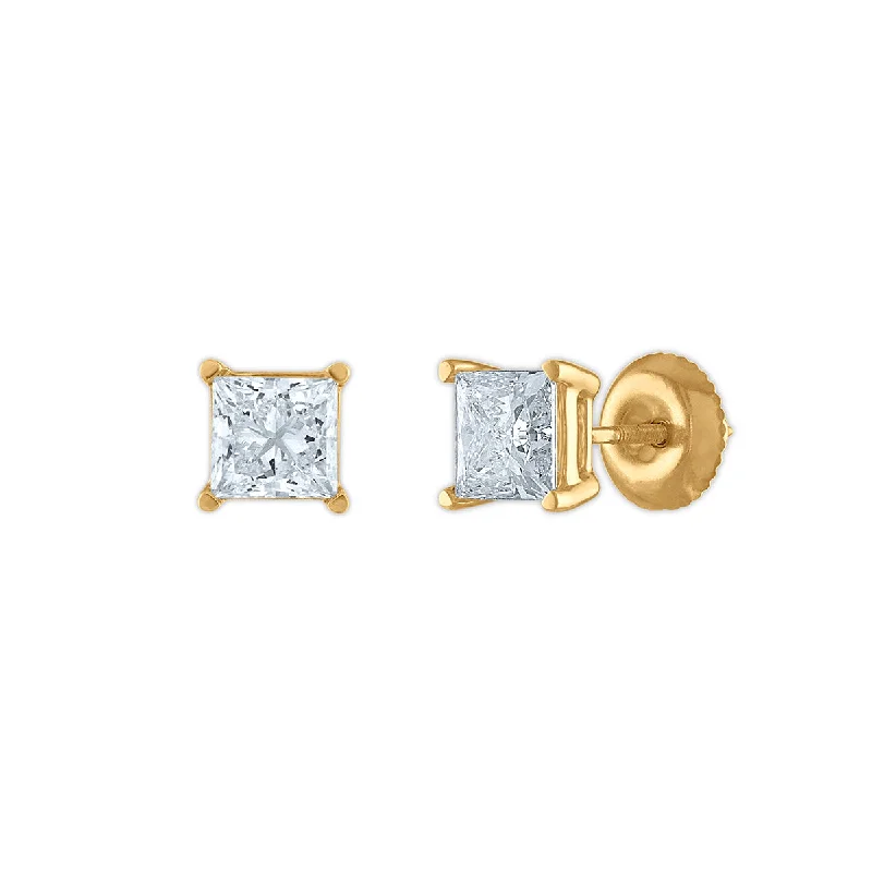 Limited Stock On Premium Jewelry At Low Prices Athleisure Style Sale Signature Certificate EcoLove 1 1/2 CTW Princess Cut Lab Grown Diamond Solitaire Stud Earrings in 14KT Yellow Gold