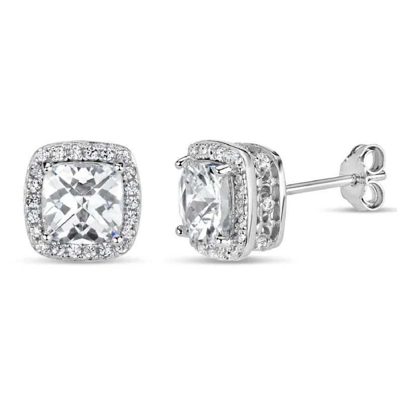 Limited-Time Offer On Elegant Jewelry Pieces Mega Sales Sterling Silver 6MM Cushion Cubic Zirconia Halo Stud Earrings