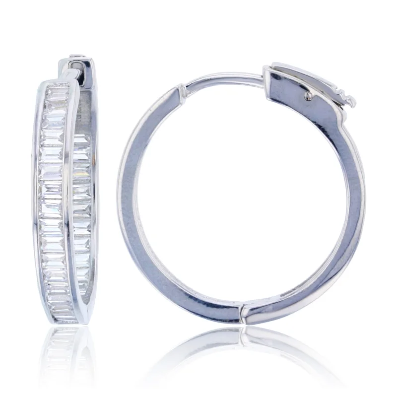 Elegant Necklaces And Bracelets At Limited-Time Offers Discount Extravaganza Sterling Silver Baguette Cubic Zirconia 3X25MM Safety Clasp In & Out Hoop Earrings