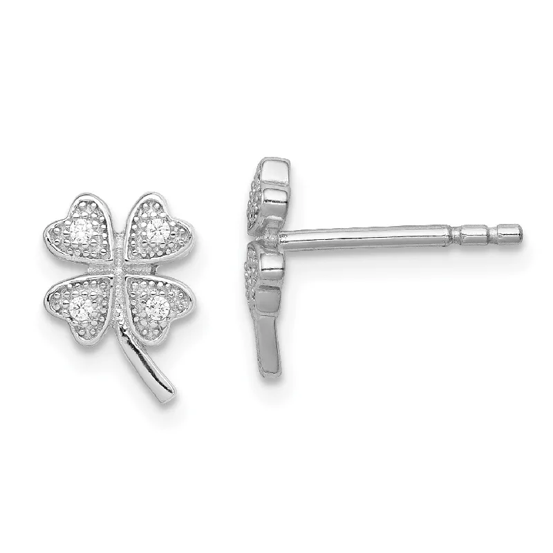 Delicate Crystal Jewelry For Sophisticated Charm Sterling Silver Cubic Zirconia 10X7MM Stud 4-Leaf Clover Earrings