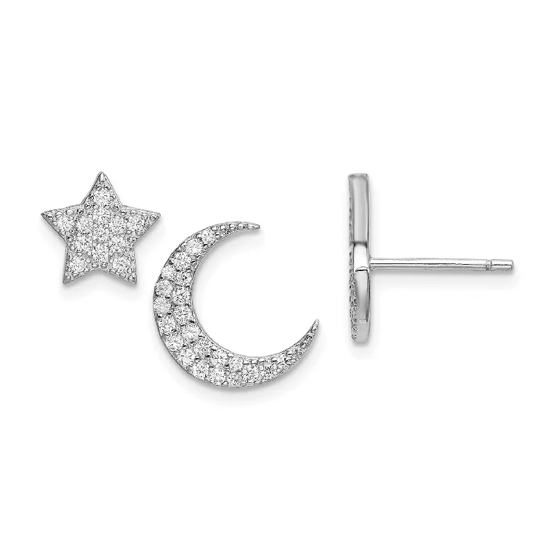 Shop Jewelry That Shines Without The High Price Premium Fashion Sterling Silver Cubic Zirconia 11MM Stud Celestial Star and Moon Earrings