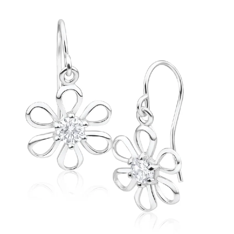 Modern Statement Jewelry For Bold Styling Sale Event, Prices Rock Sterling Silver Cubic Zirconia Cut-out Flower Drop Earrings