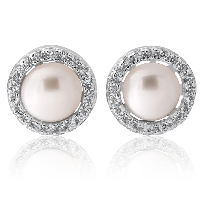 Chic And Stylish Jewelry At Exclusive Prices Unleash Your Trendy Side Sterling Silver Cubic Zirconia + Pearl Halo Stud Earrings