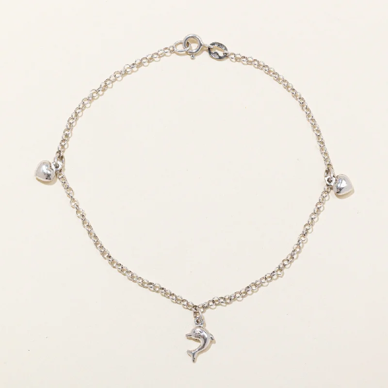 Customized Silver Jewelry For Unique Style Italian 18k White Gold Dolphin & Heart Charm Bracelet | 9.25" |