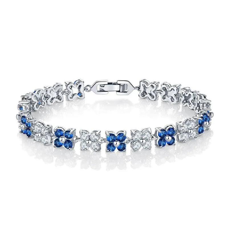 Personalized Jewelry Sale – Unique Pieces At Great Prices Flash Sale Starts Flower Cubic Zirconia Tennis Bracelet for Women with Round Cut Sapphire Cubic Zirconia