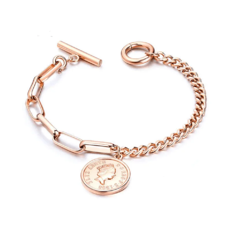 Affordable Gold-Plated Jewelry For Modern Fashion Rose Gold Link Bracelet with Coin Charm and Toggle Clasp